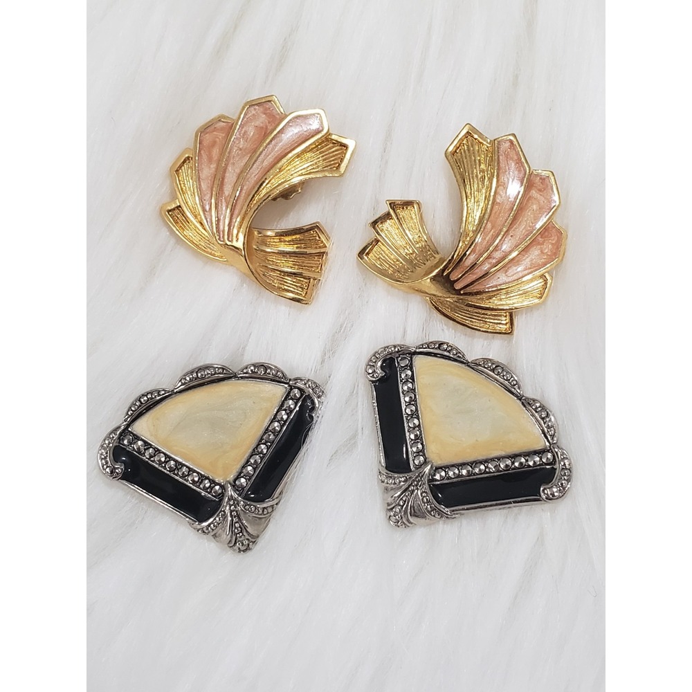AVON Art Deco Fan Leaf Motif USA Vintage‎ Earrings Gold Tone Showa Retro 20s Art